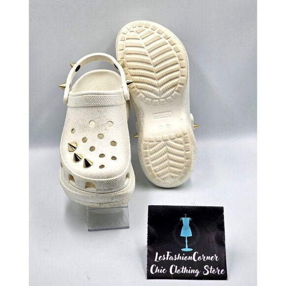 Crocs Women's White Off Bae Glitter Stud Platform Clogs Gold Spikes Sz 9  2360 - Picture 4 of 16